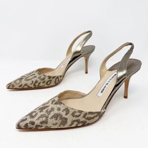 Manolo Blahnik Carolyne Leopard Slingback Pumps Pointed Toe Size 38